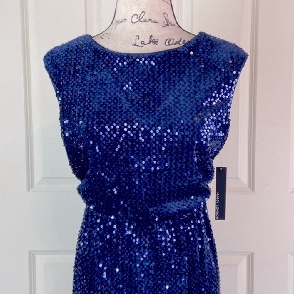 NWT Maggy London Sequined Blouson Navy Blue Dress - Picture 4 of 15